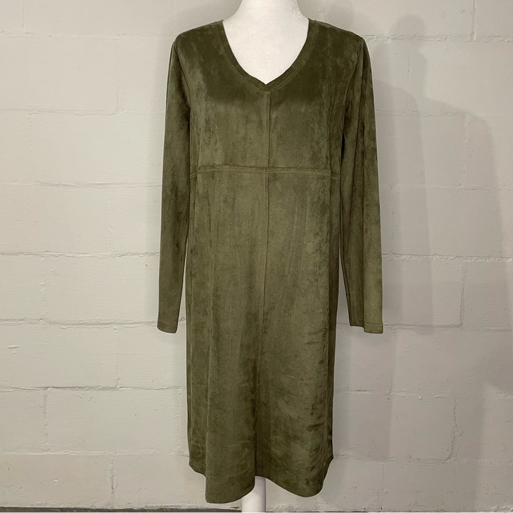 Joh Olive Suede-Look V-Neck Long Sleeve Dress